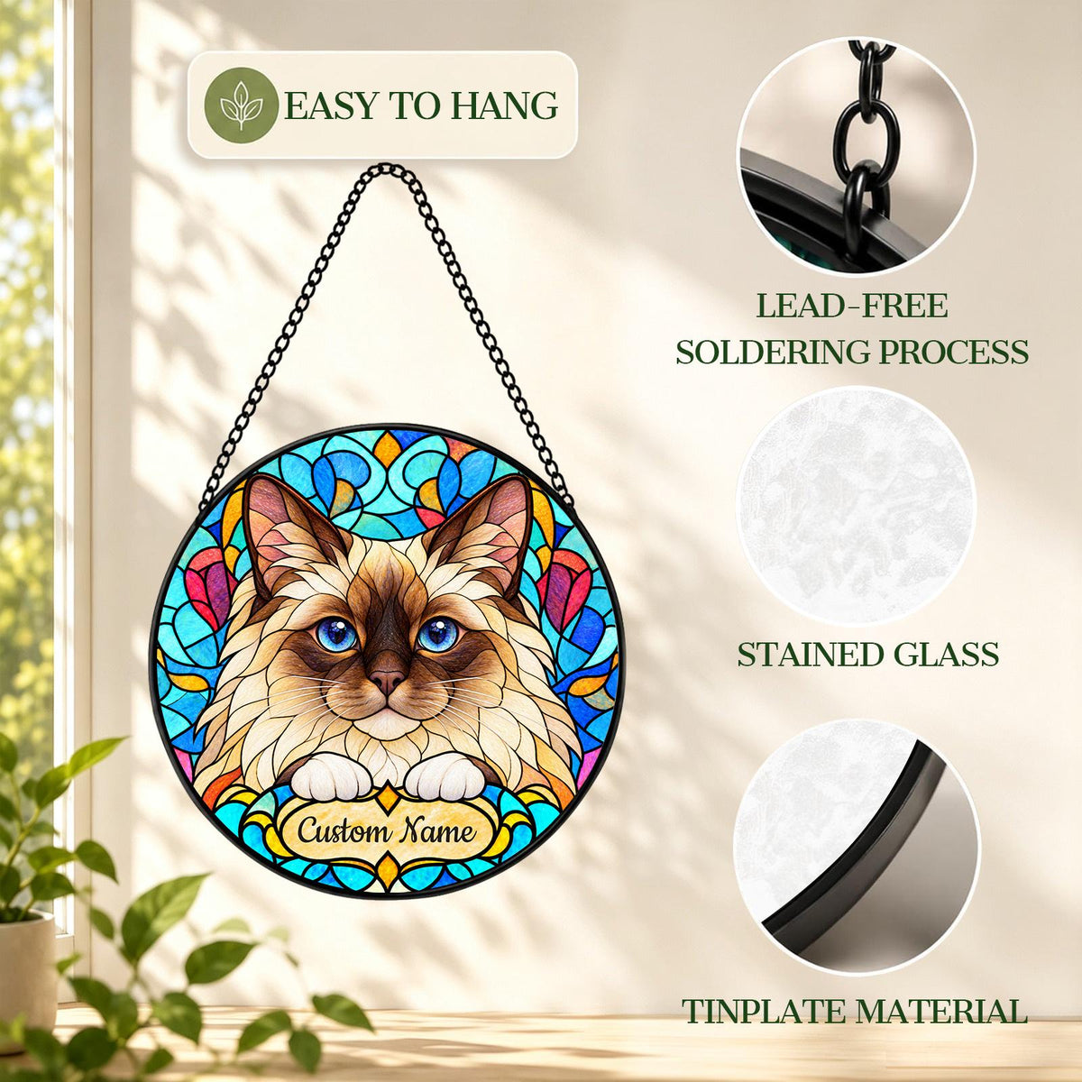 Personalized Birman Cat Suncatcher, Custom Name, Floral Stained Glass Window Hanging
