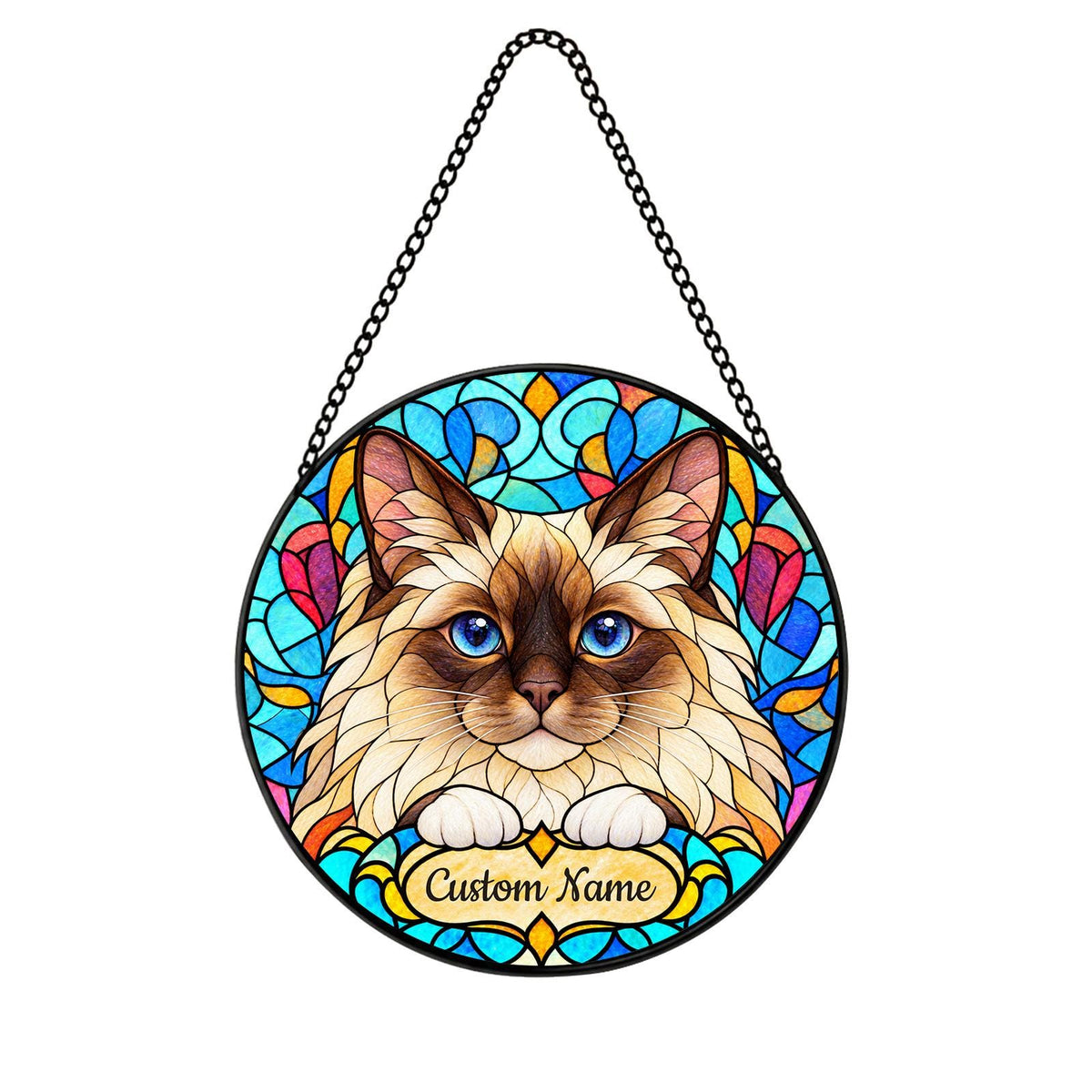 Personalized Birman Cat Suncatcher, Custom Name, Floral Stained Glass Window Hanging