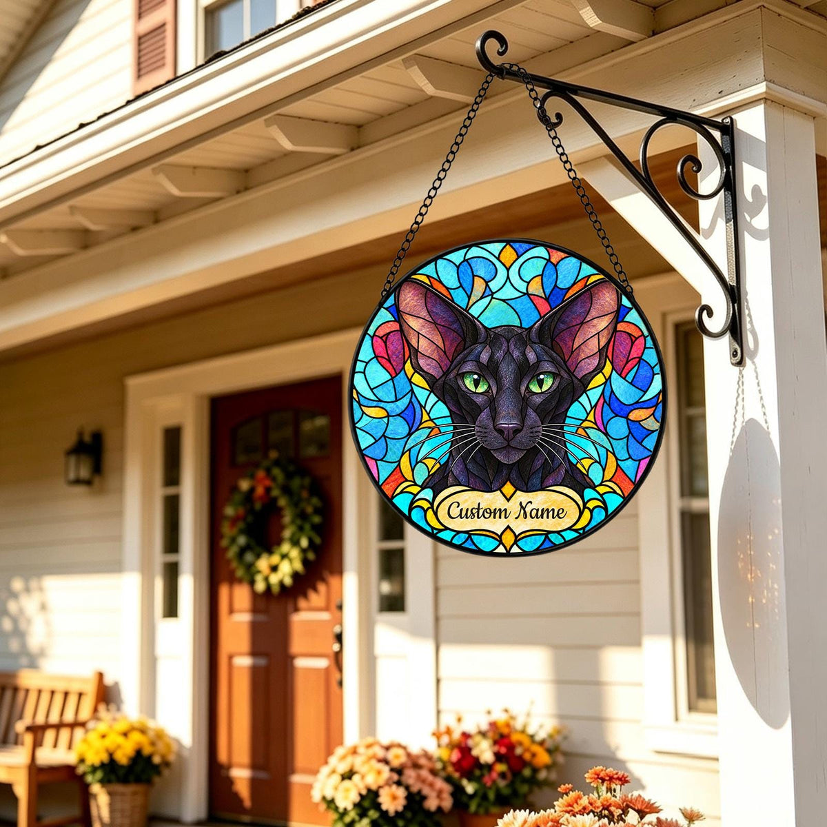 Personalized Oriental Cat Suncatcher, Custom Name, Floral Stained Glass Window Hanging
