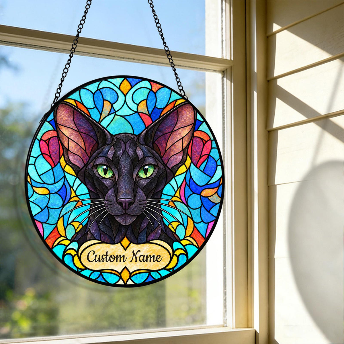 Personalized Oriental Cat Suncatcher, Custom Name, Floral Stained Glass Window Hanging