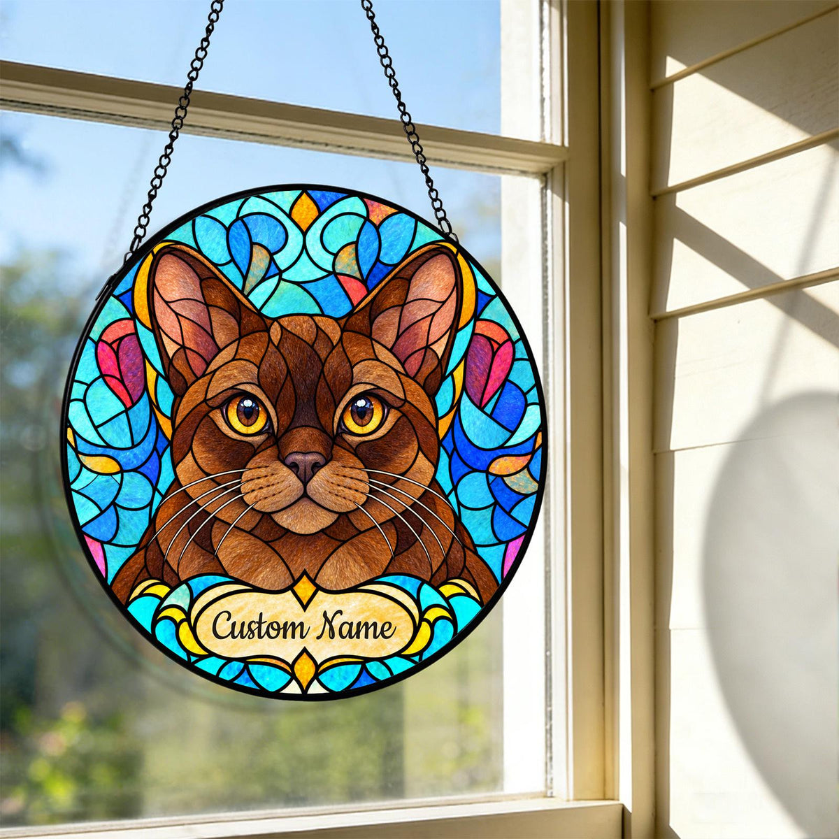 Personalized Burmese Cat Suncatcher, Custom Name, Floral Stained Glass Window Hanging