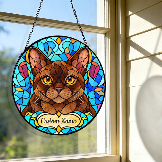 Personalized Burmese Cat Suncatcher, Custom Name, Floral Stained Glass Window Hanging