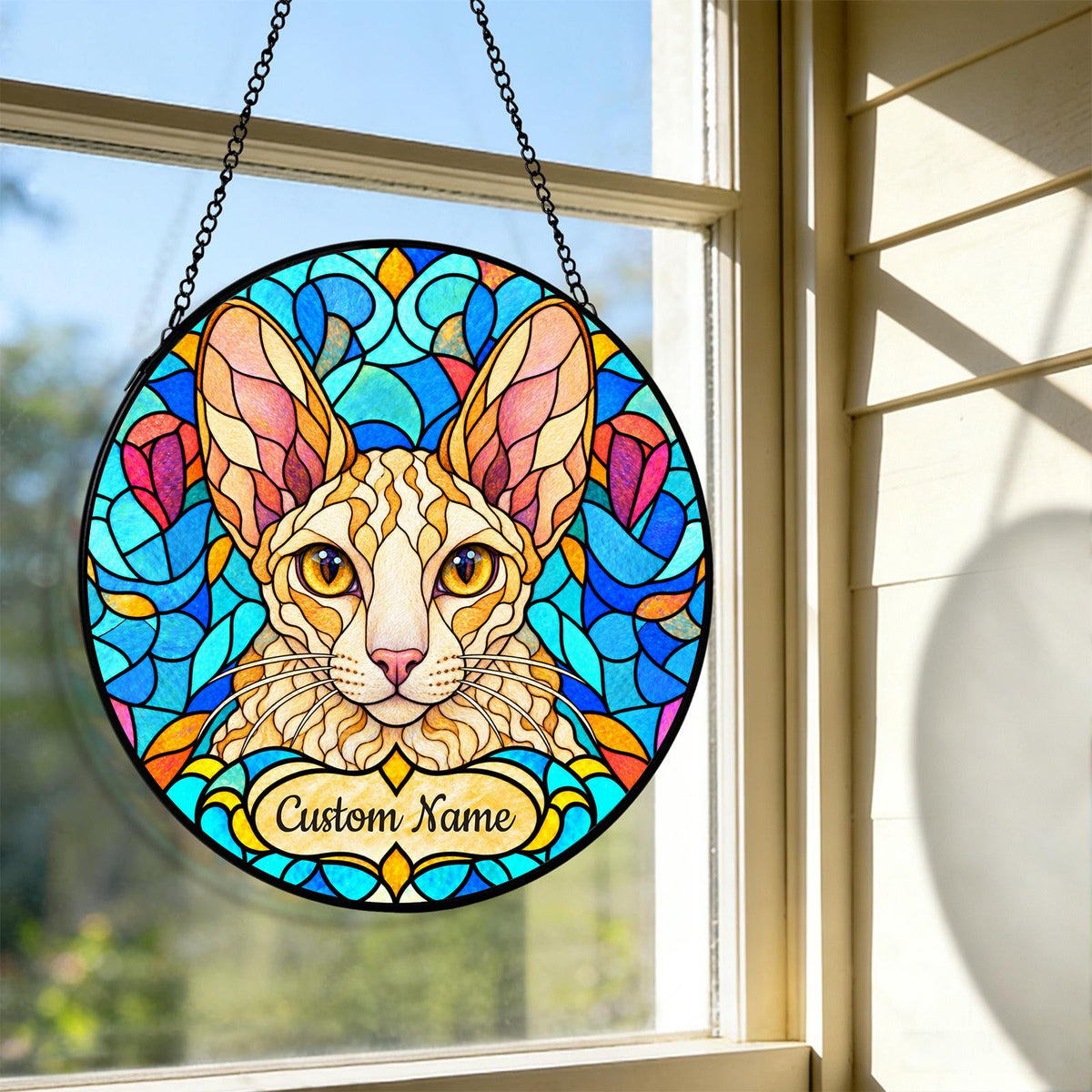 Personalized Cornish Rex Cat Suncatcher, Custom Name, Floral Stained Glass Window Hanging