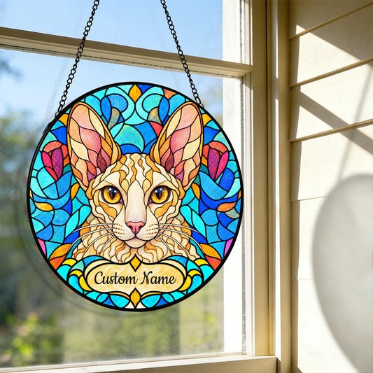 Personalized Cornish Rex Cat Suncatcher, Custom Name, Floral Stained Glass Window Hanging