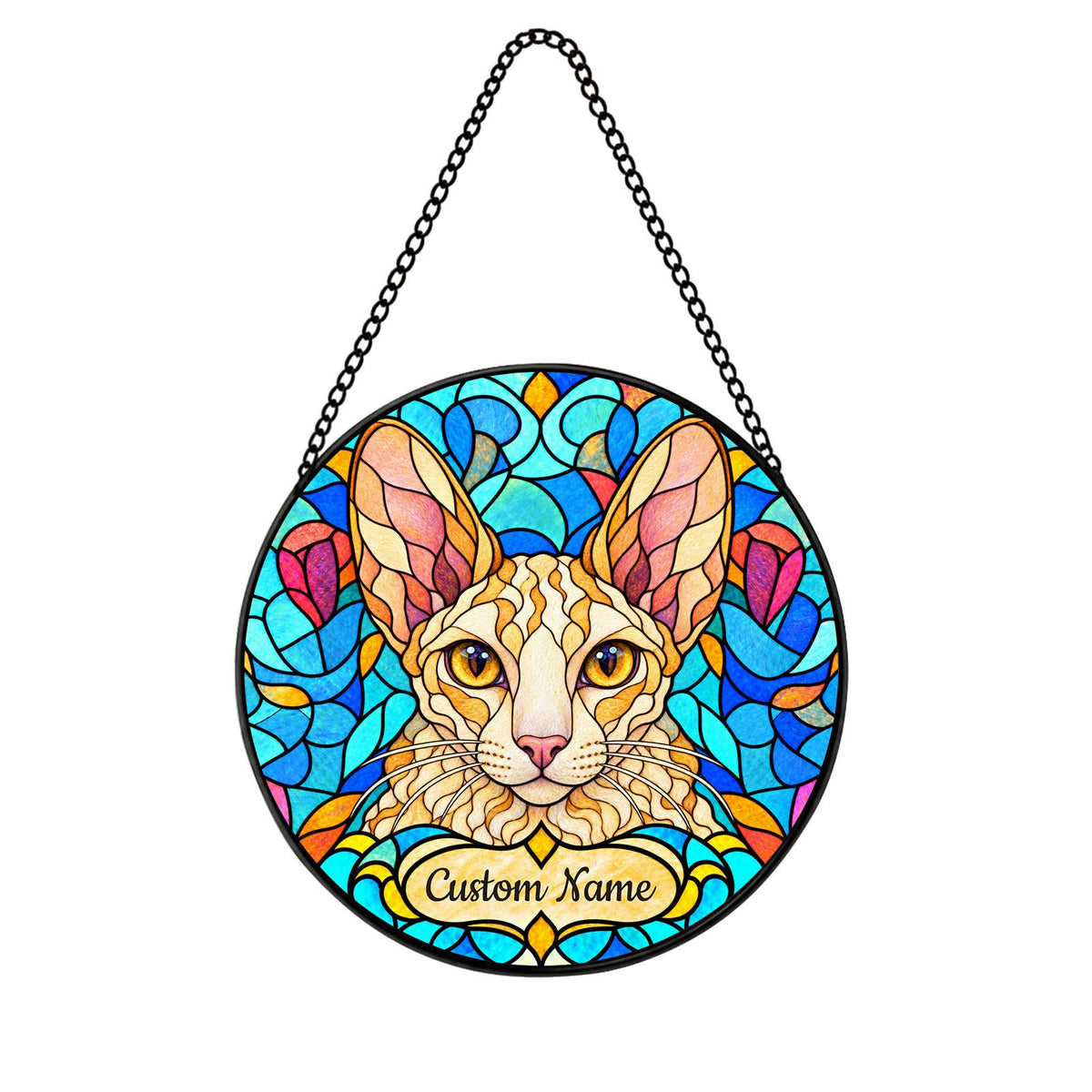 Personalized Cornish Rex Cat Suncatcher, Custom Name, Floral Stained Glass Window Hanging