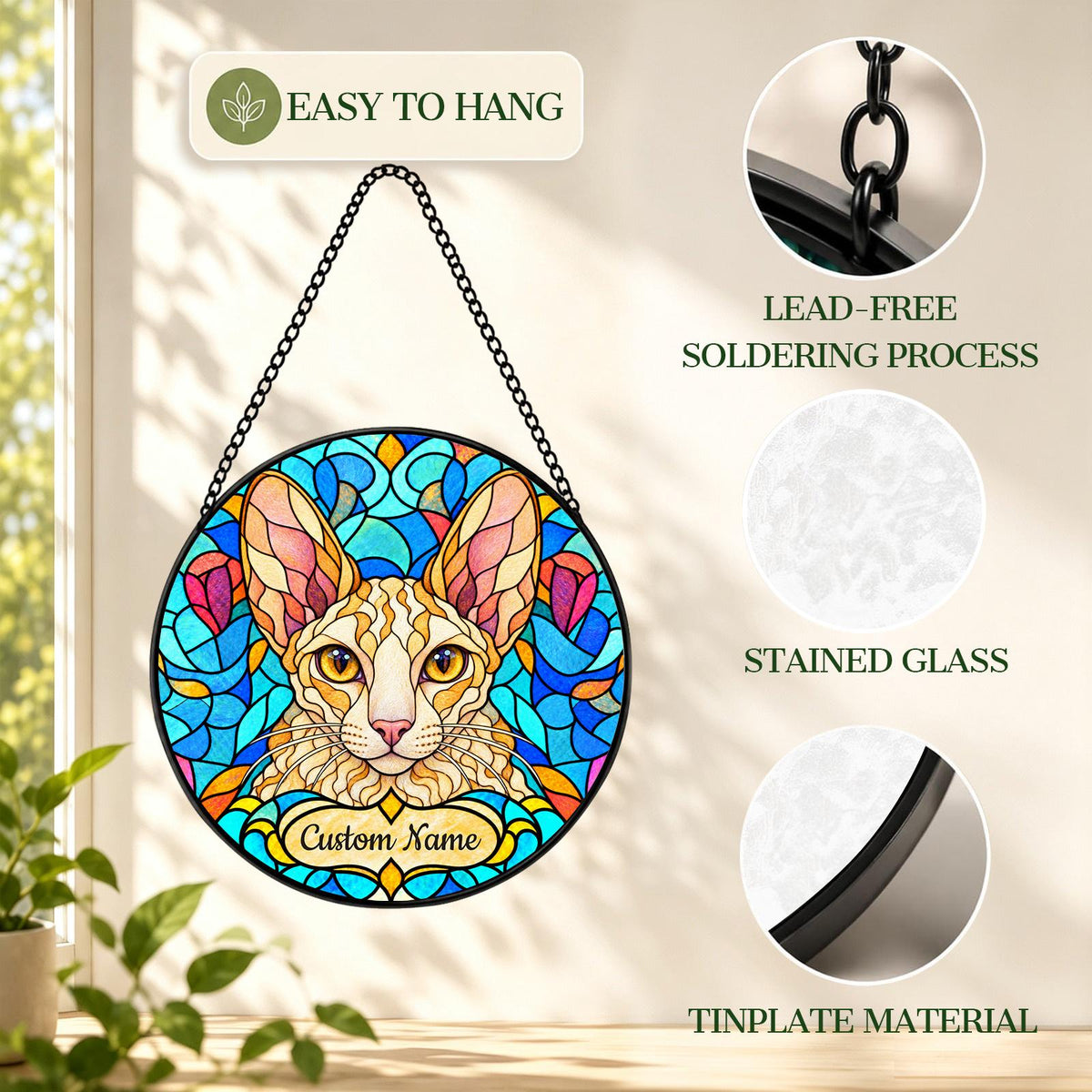 Personalized Cornish Rex Cat Suncatcher, Custom Name, Floral Stained Glass Window Hanging