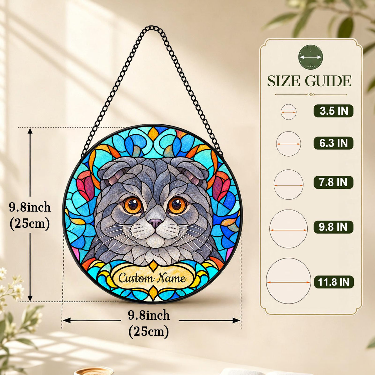 Personalized Scottish Fold Suncatcher, Custom Name, Floral Stained Glass Window Hanging