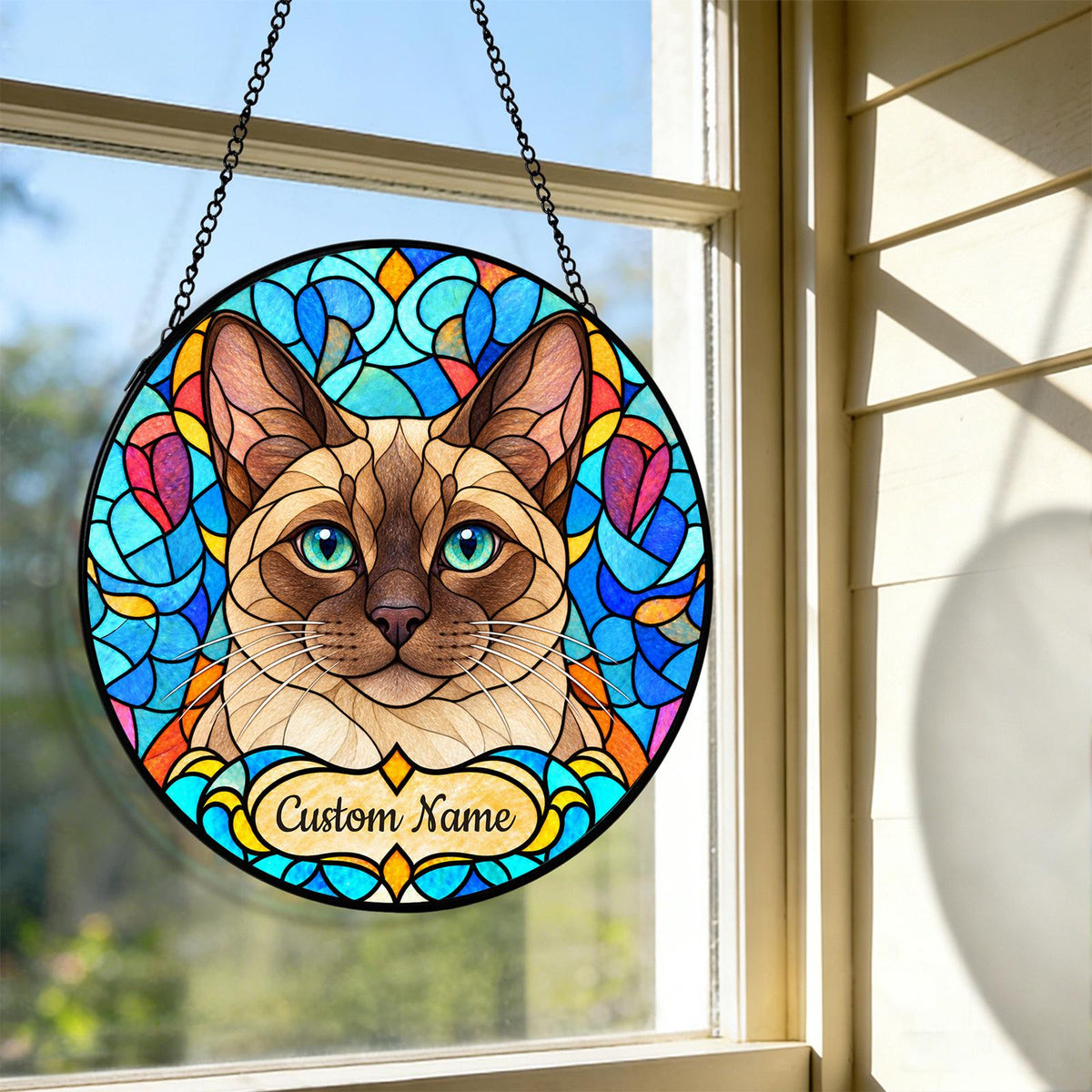 Personalized Tonkinese Cat Suncatcher, Custom Name, Floral Stained Glass Window Hanging