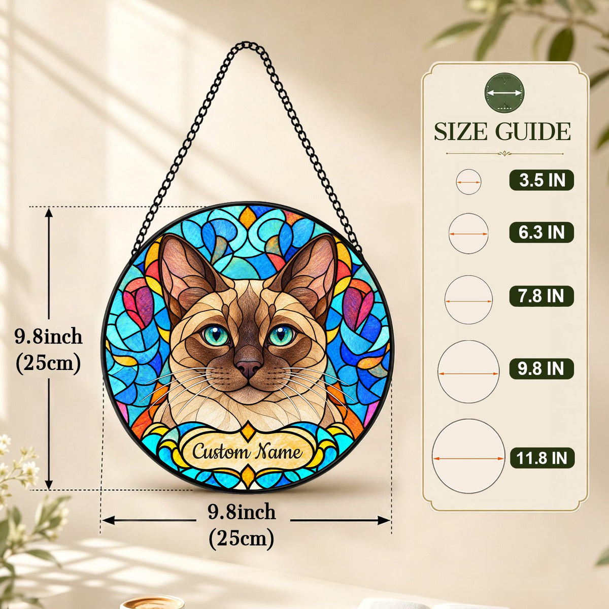 Personalized Tonkinese Cat Suncatcher, Custom Name, Floral Stained Glass Window Hanging