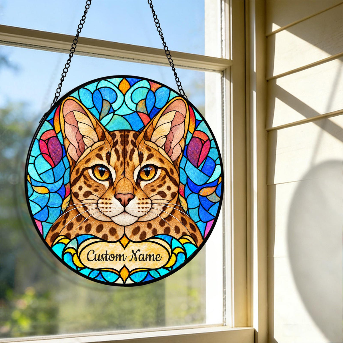 Personalized Ocicat Suncatcher, Custom Name, Floral Stained Glass Window Hanging
