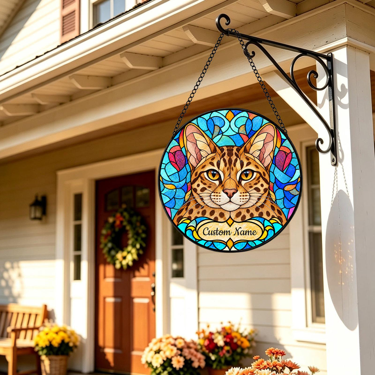 Personalized Ocicat Suncatcher, Custom Name, Floral Stained Glass Window Hanging