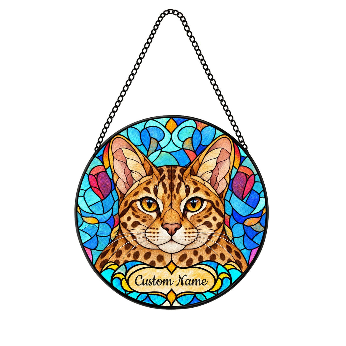Personalized Ocicat Suncatcher, Custom Name, Floral Stained Glass Window Hanging