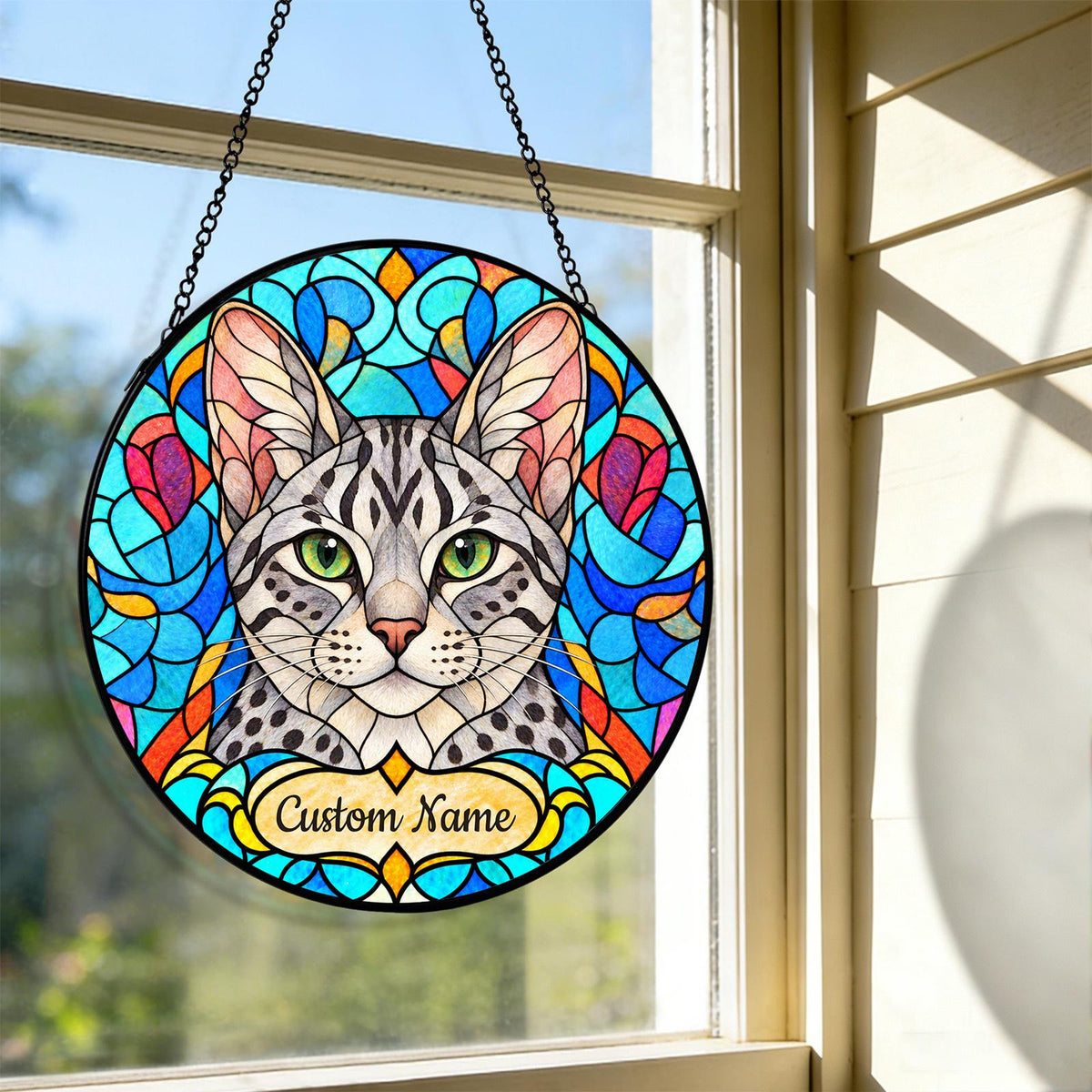 Personalized Egyptian Mau Cat Suncatcher, Custom Name, Floral Stained Glass Window Hanging