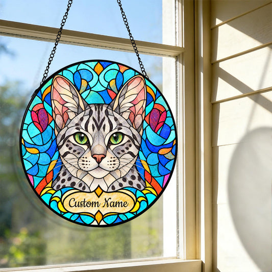 Personalized Egyptian Mau Cat Suncatcher, Custom Name, Floral Stained Glass Window Hanging