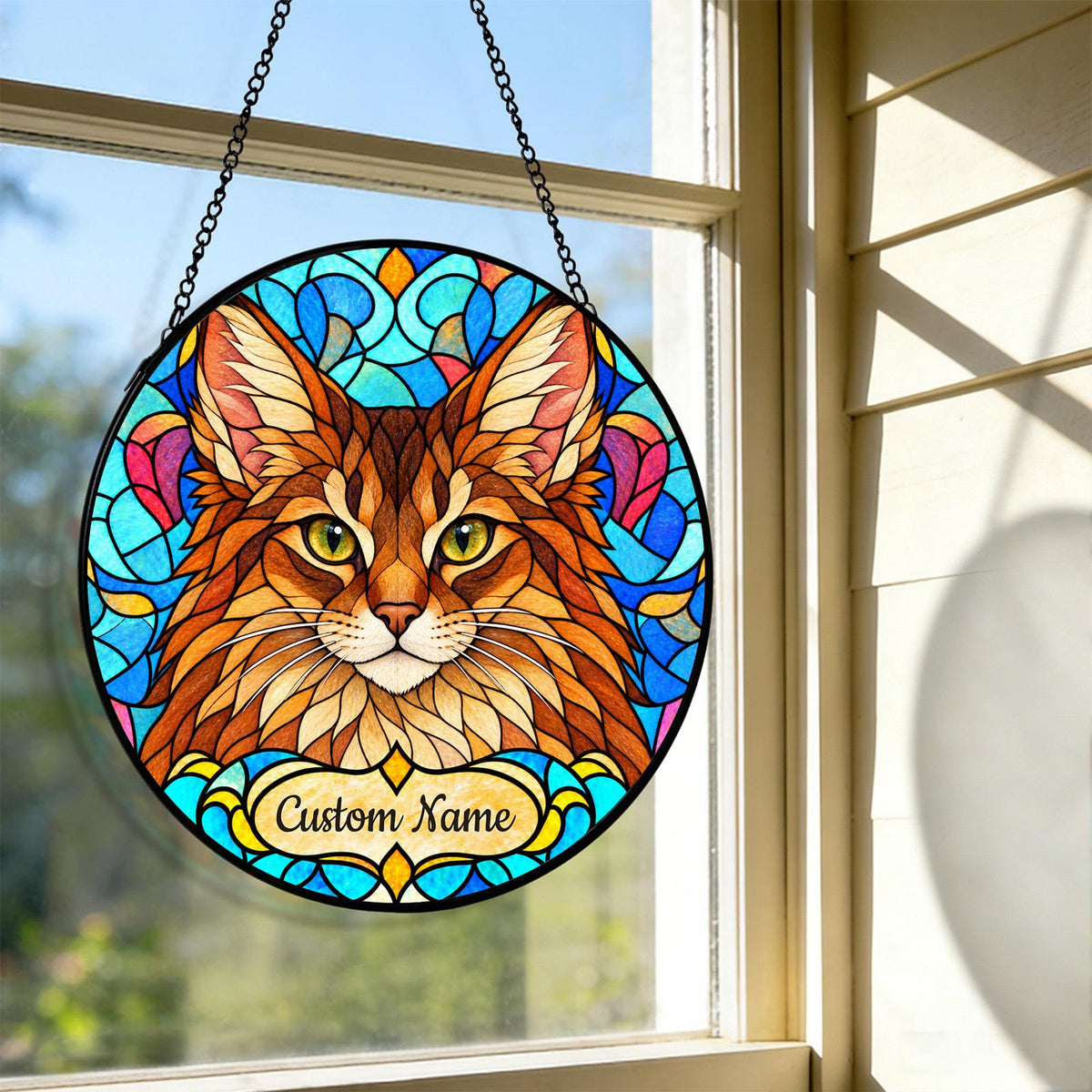 Personalized Somali Cat Suncatcher, Custom Name, Floral Stained Glass Window Hanging