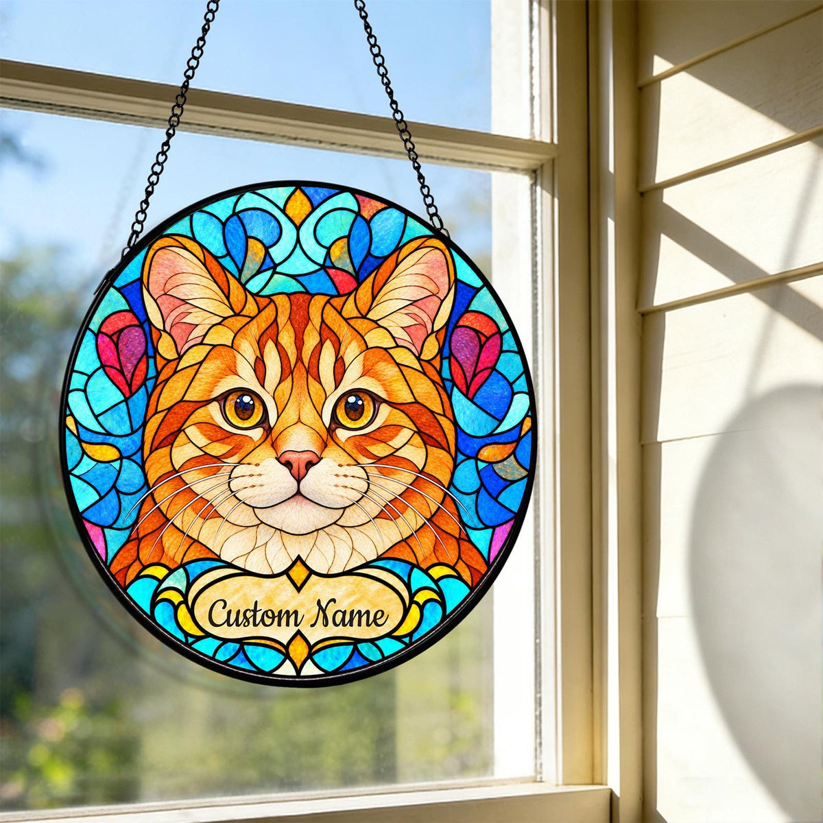 Personalized Manx Suncatcher, Custom Name, Floral Stained Glass Window Hanging