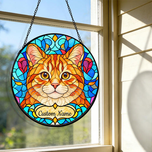 Personalized Manx Suncatcher, Custom Name, Floral Stained Glass Window Hanging