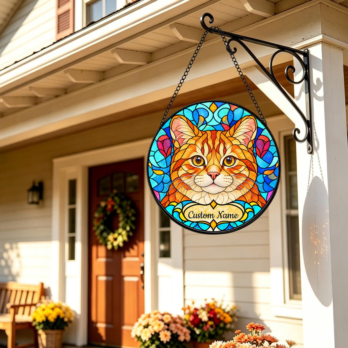 Personalized Manx Suncatcher, Custom Name, Floral Stained Glass Window Hanging