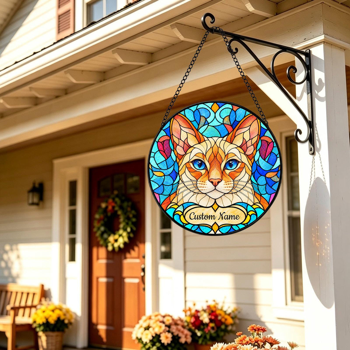 Personalized Colorpoint Shorthair Cat Suncatcher, Custom Name, Floral Stained Glass Window Hanging