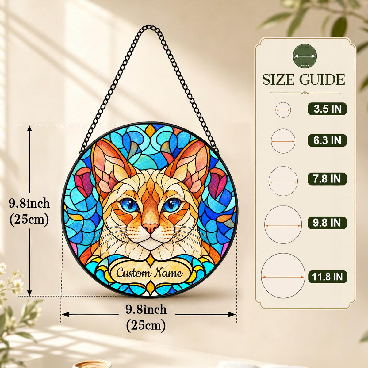Personalized Colorpoint Shorthair Cat Suncatcher, Custom Name, Floral Stained Glass Window Hanging