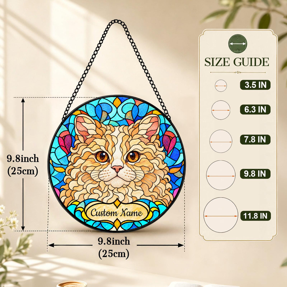 Personalized Selkirk Rex Suncatcher, Custom Name, Floral Stained Glass Window Hanging
