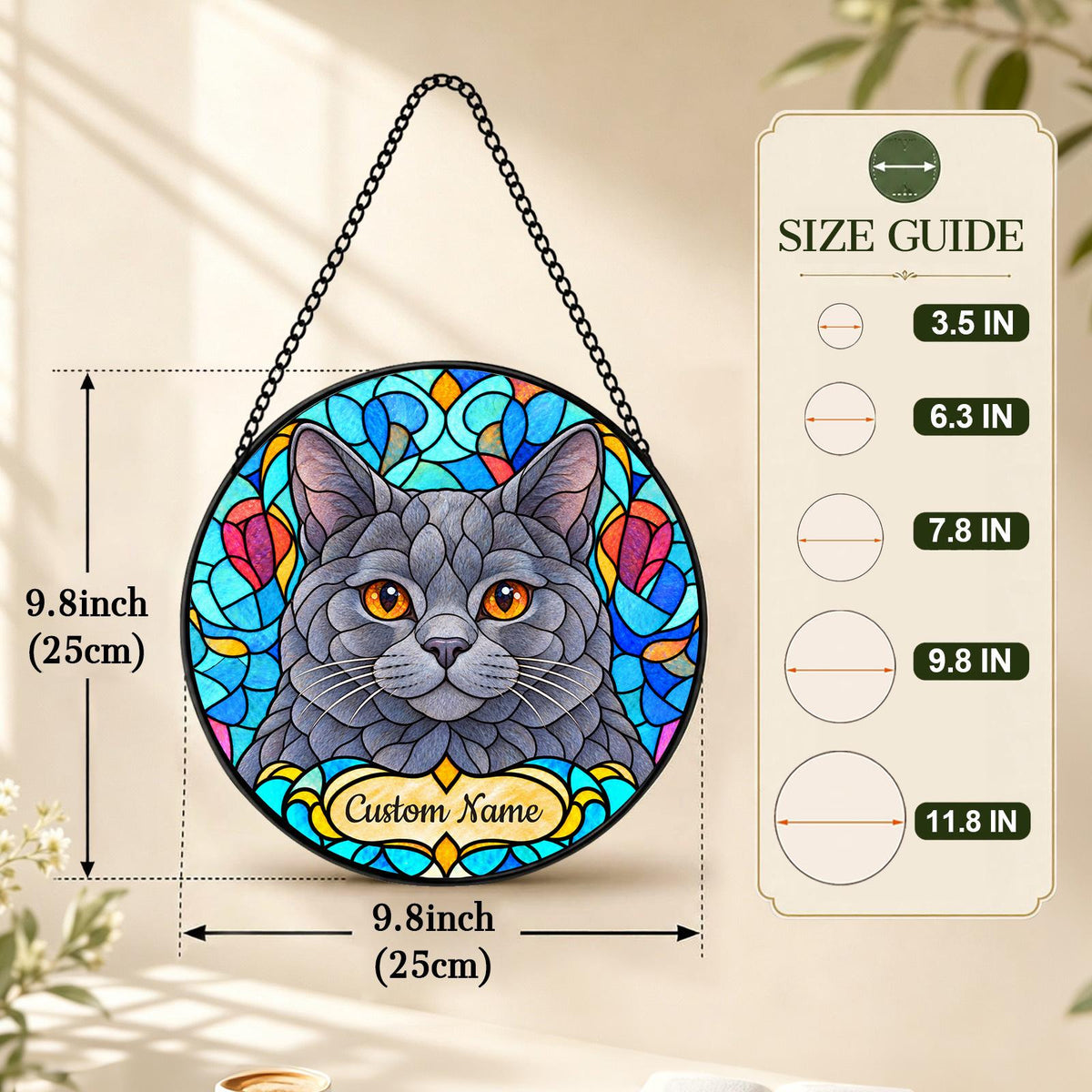 Personalized Chartreux Cat Suncatcher, Custom Name, Floral Stained Glass Window Hanging