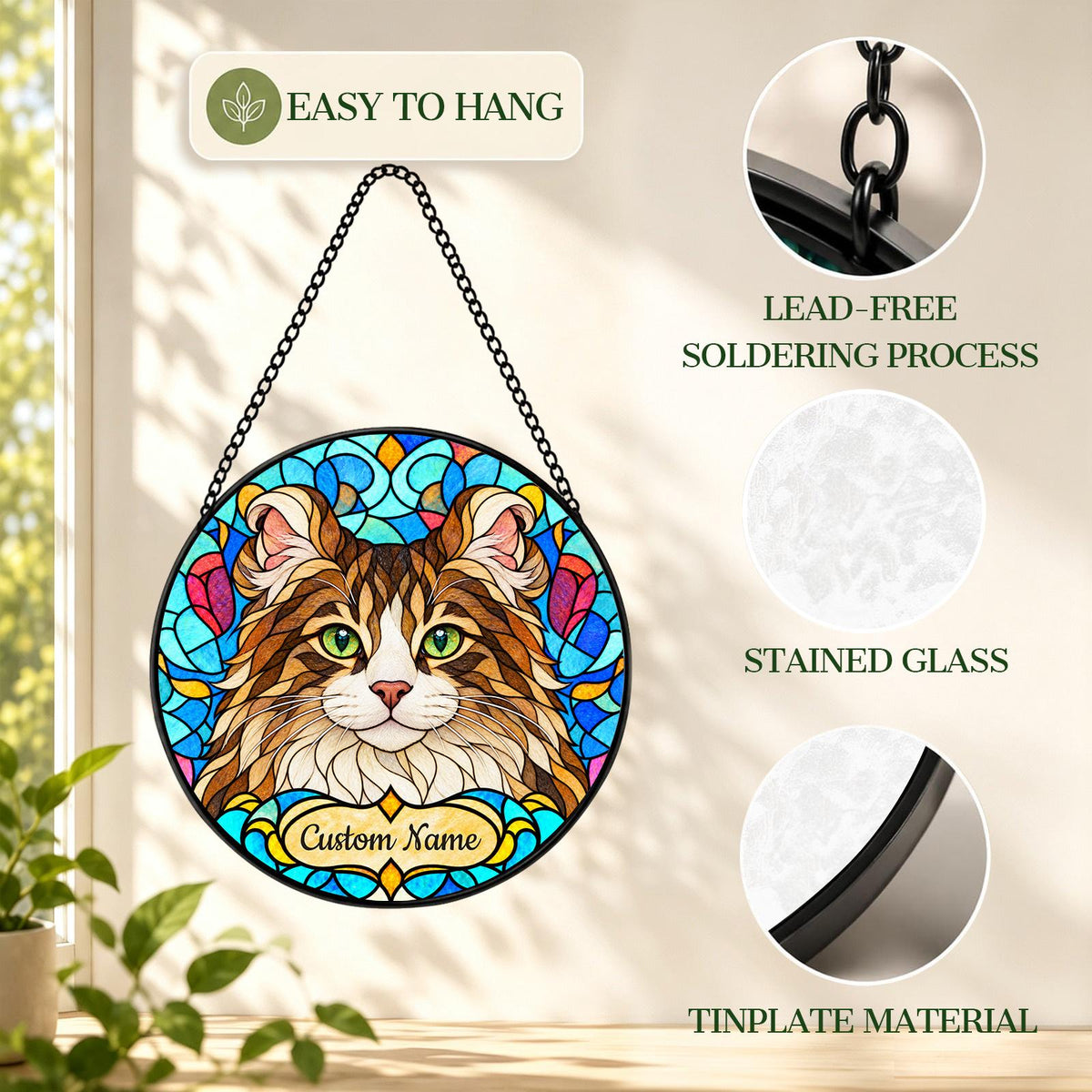Personalized American Curl Cat Suncatcher, Custom Name, Floral Stained Glass Window Hanging
