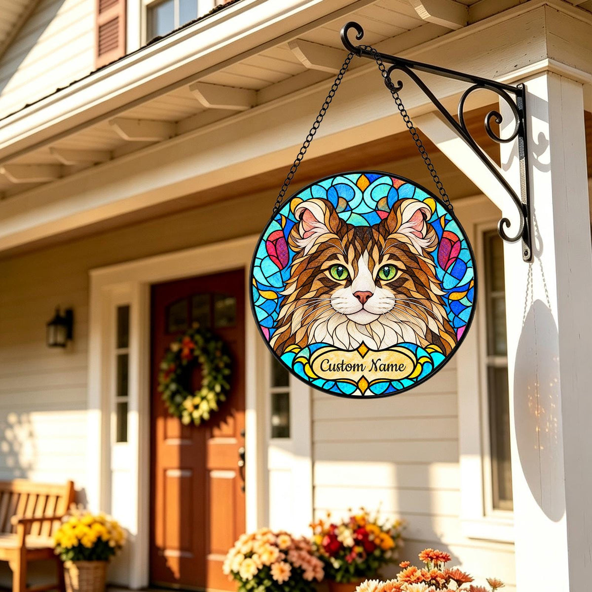 Personalized American Curl Cat Suncatcher, Custom Name, Floral Stained Glass Window Hanging