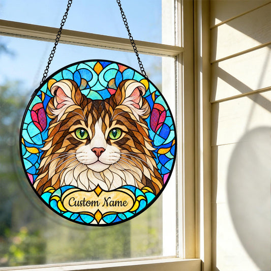 Personalized American Curl Cat Suncatcher, Custom Name, Floral Stained Glass Window Hanging