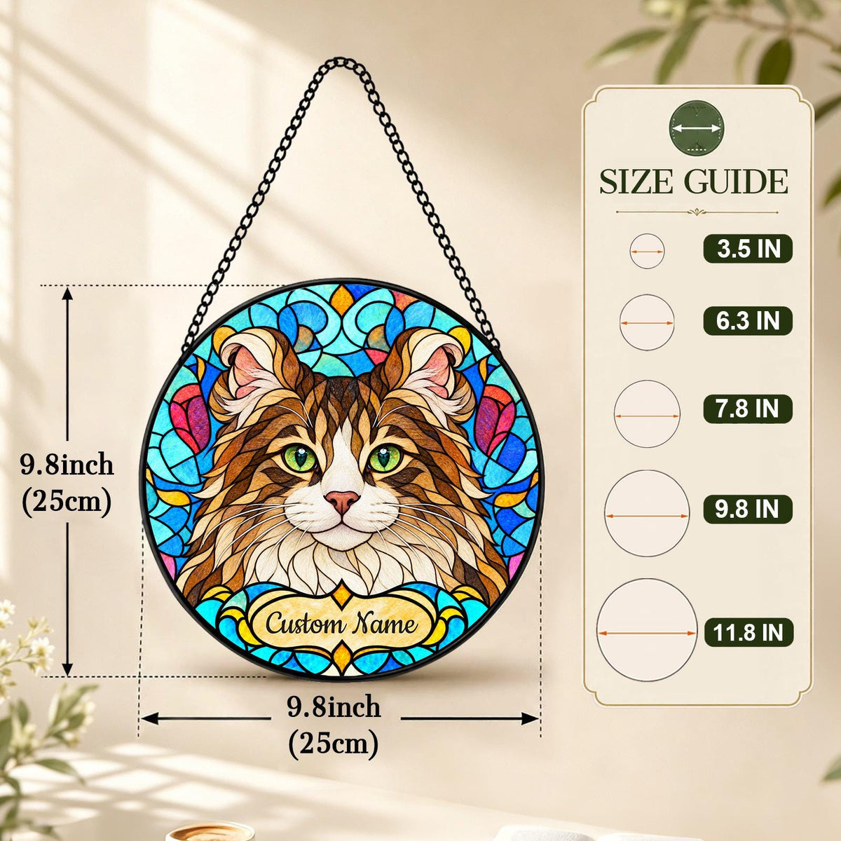 Personalized American Curl Cat Suncatcher, Custom Name, Floral Stained Glass Window Hanging