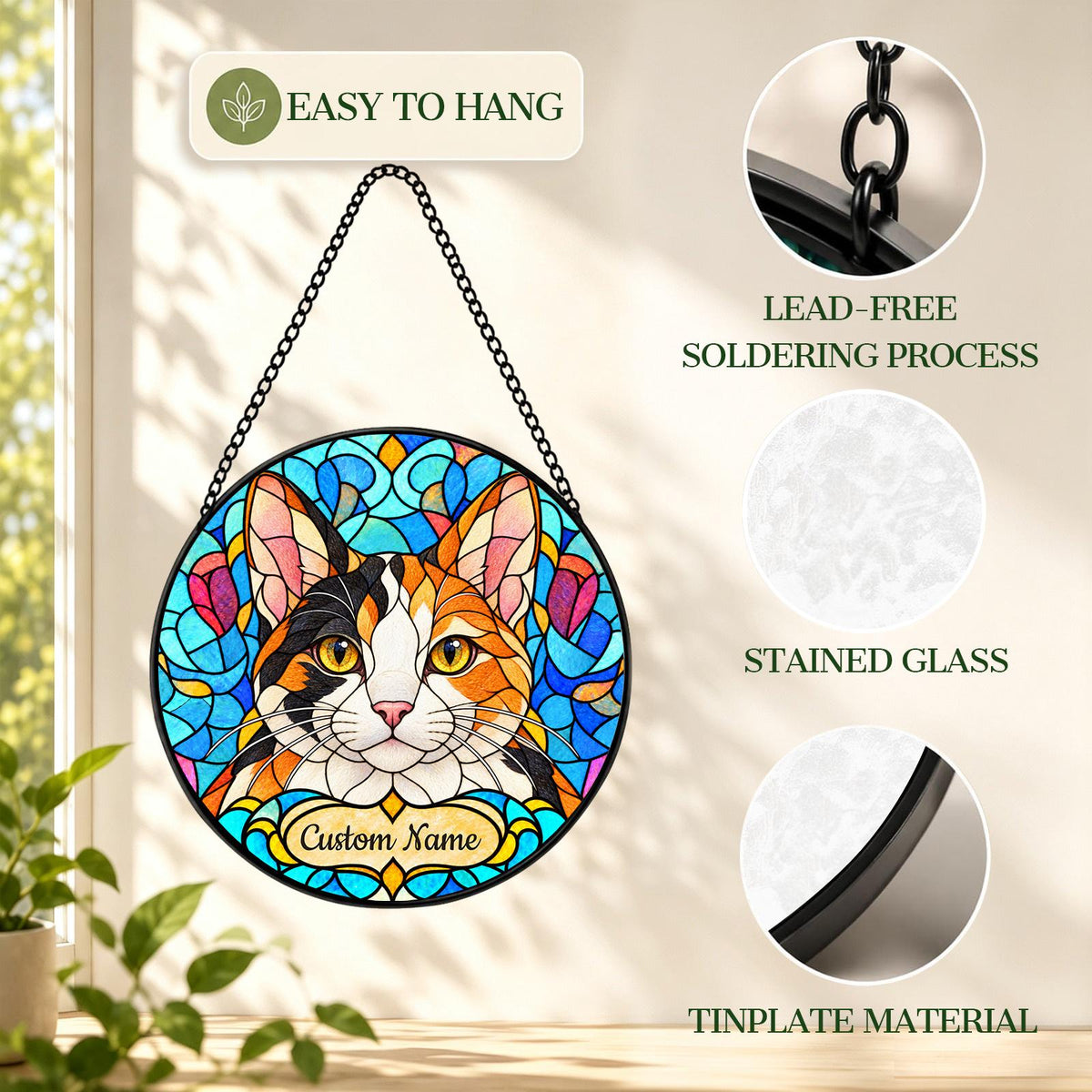 Personalized Japanese Bobtail Cat Suncatcher, Custom Name, Floral Stained Glass Window Hanging