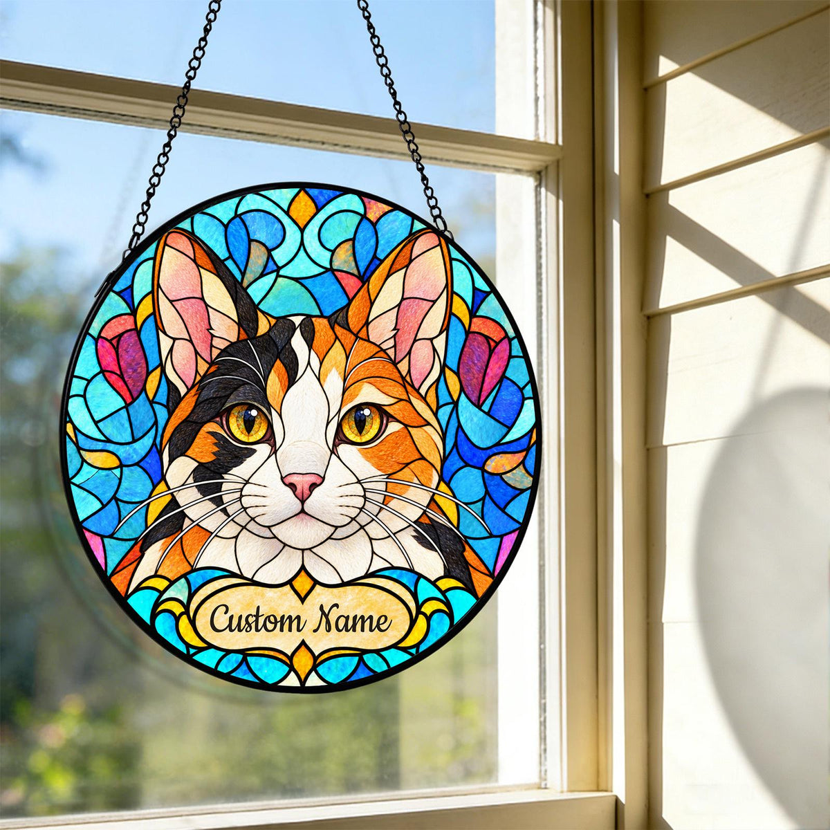 Personalized Japanese Bobtail Cat Suncatcher, Custom Name, Floral Stained Glass Window Hanging