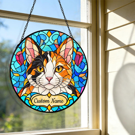 Personalized Japanese Bobtail Cat Suncatcher, Custom Name, Floral Stained Glass Window Hanging
