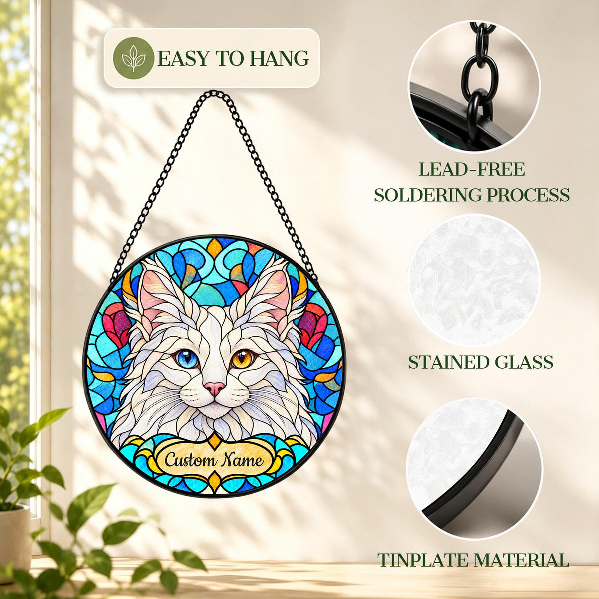 Personalized Turkish Angora Cat Suncatcher, Custom Name, Floral Stained Glass Window Hanging