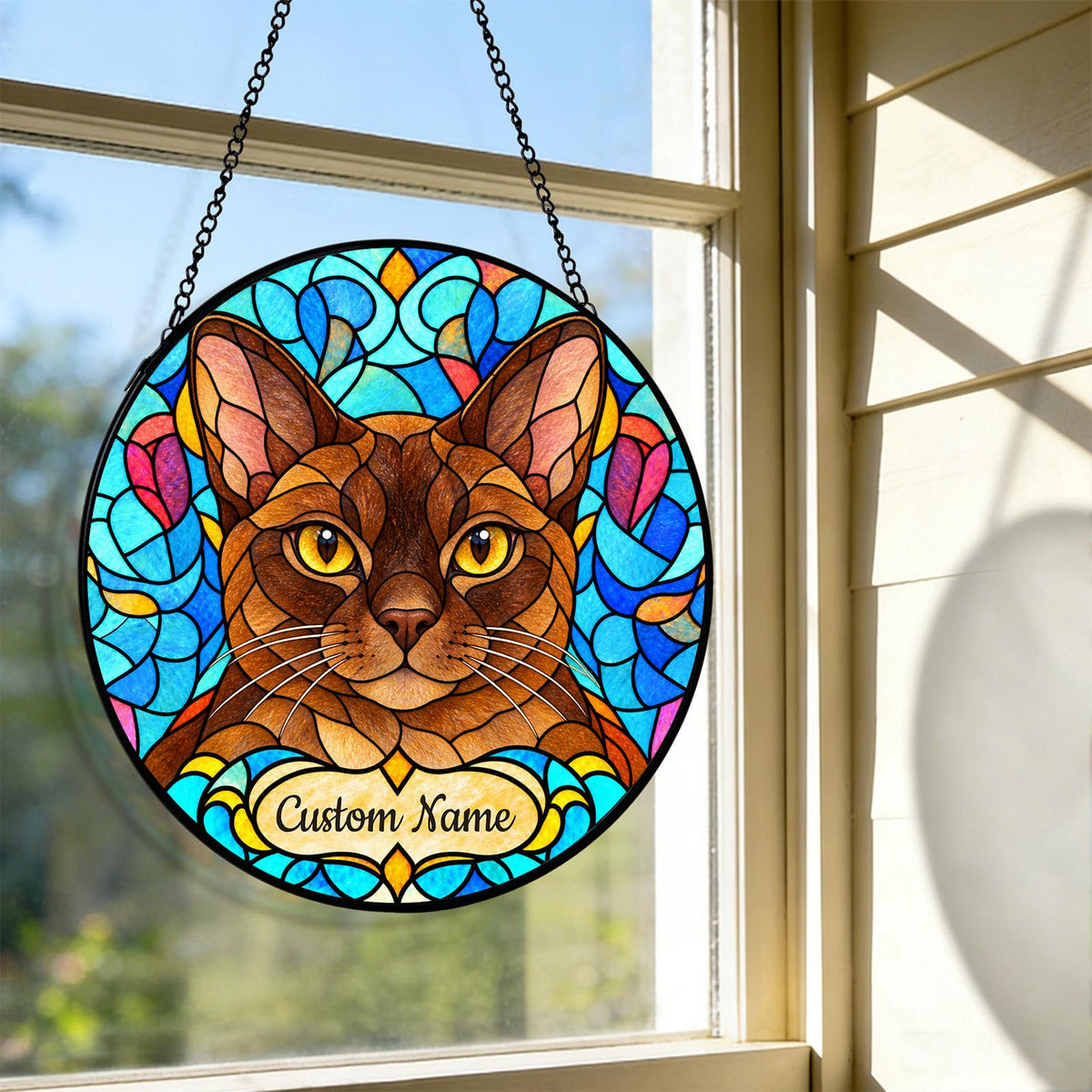 Personalized European Burmese Cat Suncatcher, Custom Name, Floral Stained Glass Window Hanging