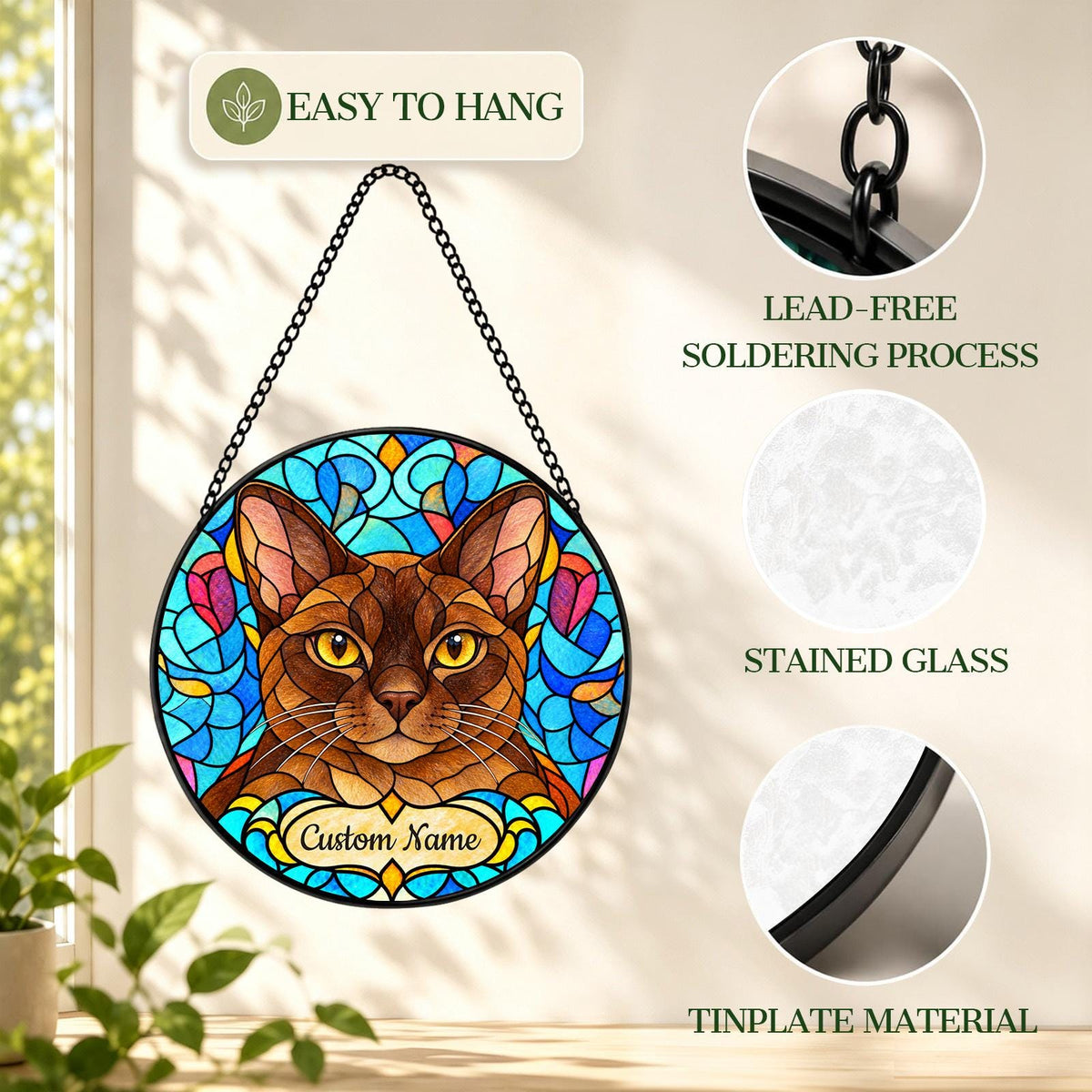 Personalized European Burmese Cat Suncatcher, Custom Name, Floral Stained Glass Window Hanging