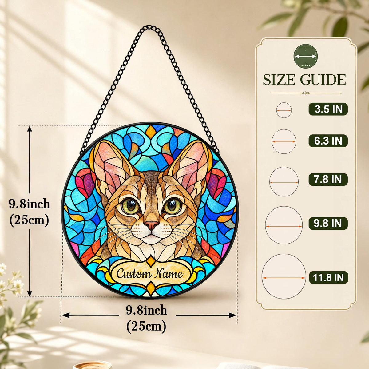 Personalized Singapura Cat Suncatcher, Custom Name, Floral Stained Glass Window Hanging