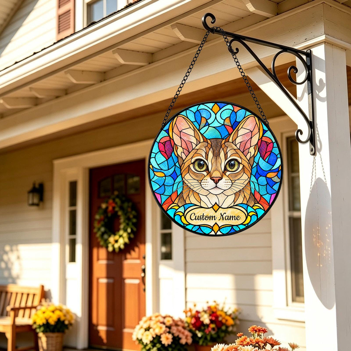 Personalized Singapura Cat Suncatcher, Custom Name, Floral Stained Glass Window Hanging