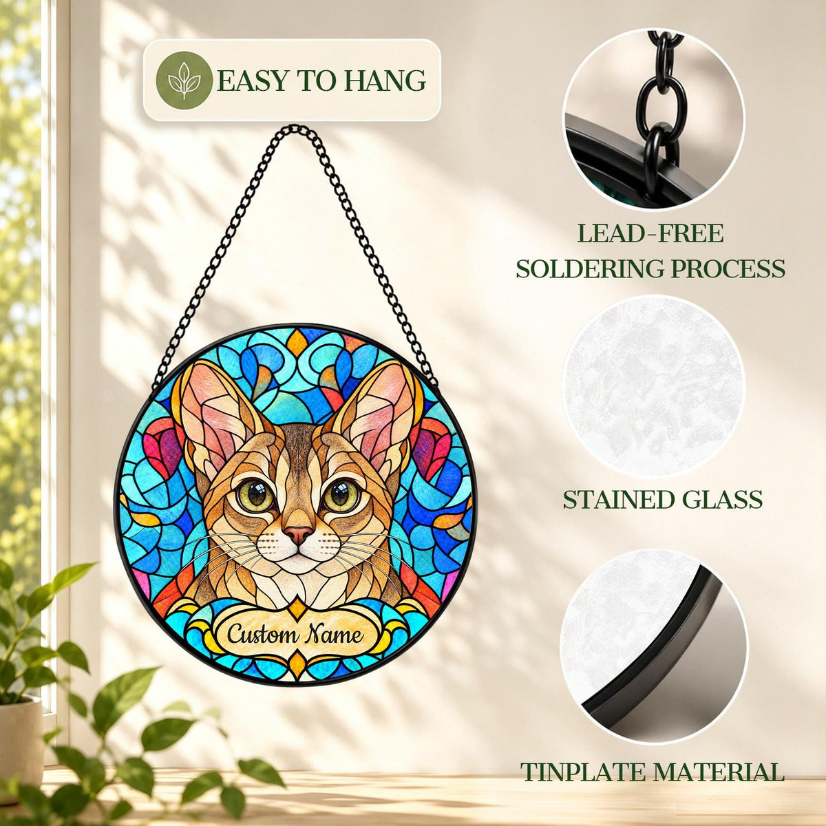 Personalized Singapura Cat Suncatcher, Custom Name, Floral Stained Glass Window Hanging