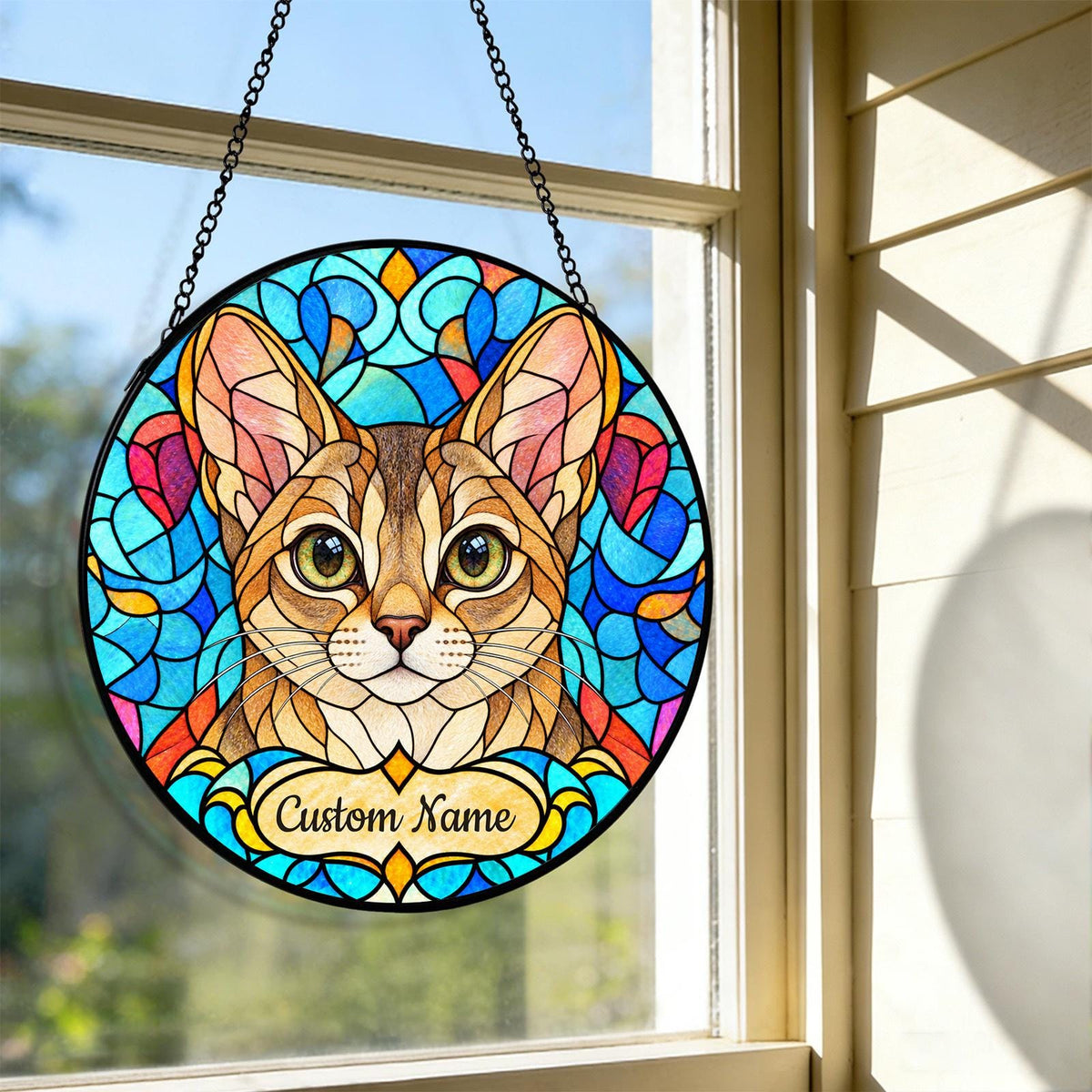 Personalized Singapura Cat Suncatcher, Custom Name, Floral Stained Glass Window Hanging