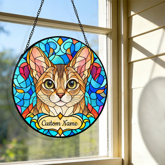 Personalized Singapura Cat Suncatcher, Custom Name, Floral Stained Glass Window Hanging