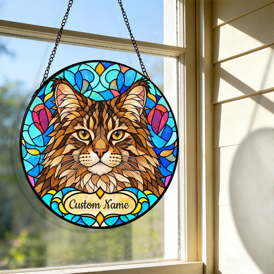 Personalized American Bobtail Cat Suncatcher, Custom Name, Floral Stained Glass Window Hanging