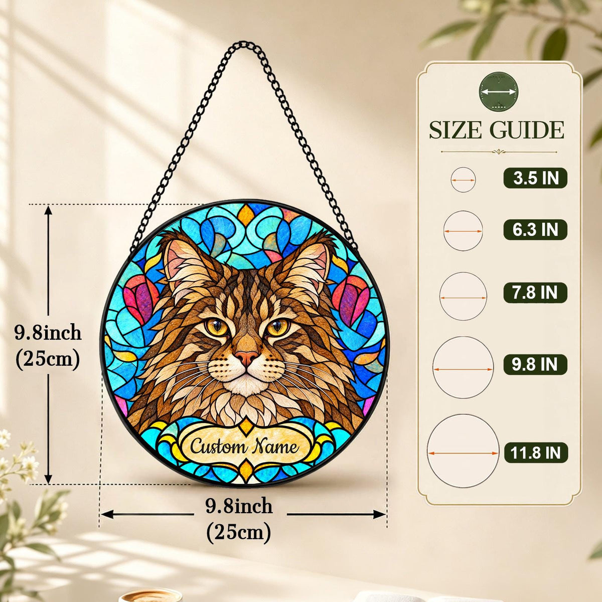 Personalized American Bobtail Cat Suncatcher, Custom Name, Floral Stained Glass Window Hanging
