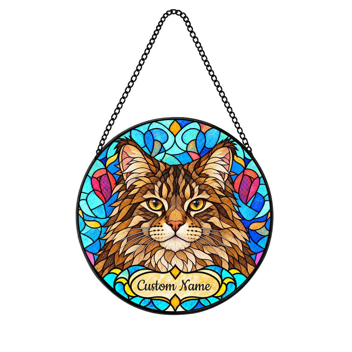 Personalized American Bobtail Cat Suncatcher, Custom Name, Floral Stained Glass Window Hanging