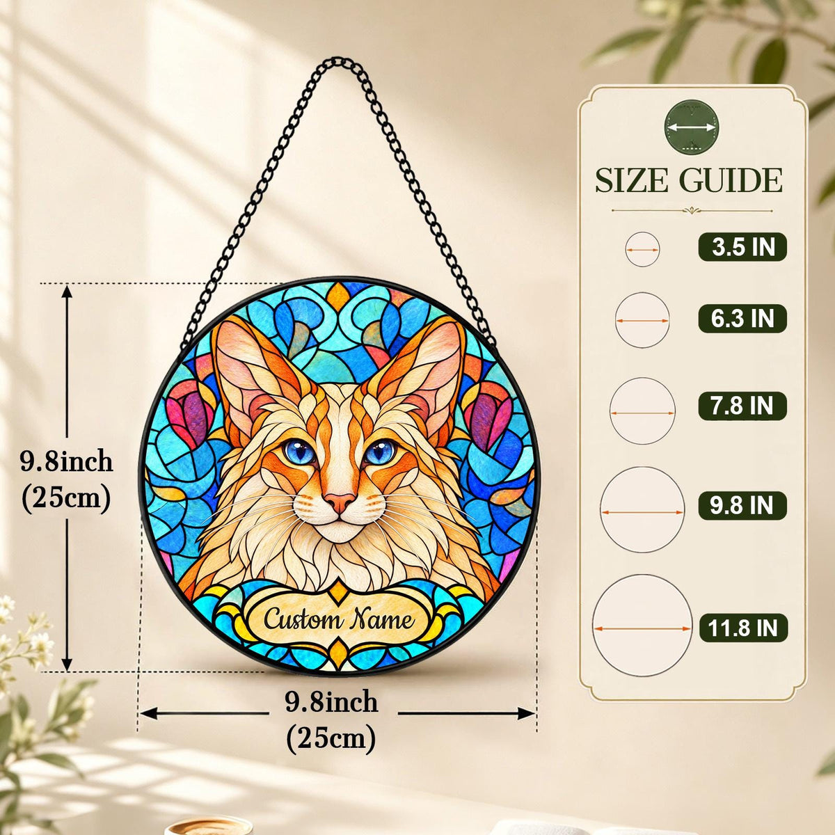 Personalized Javanese Cat Suncatcher, Custom Name, Floral Stained Glass Window Hanging
