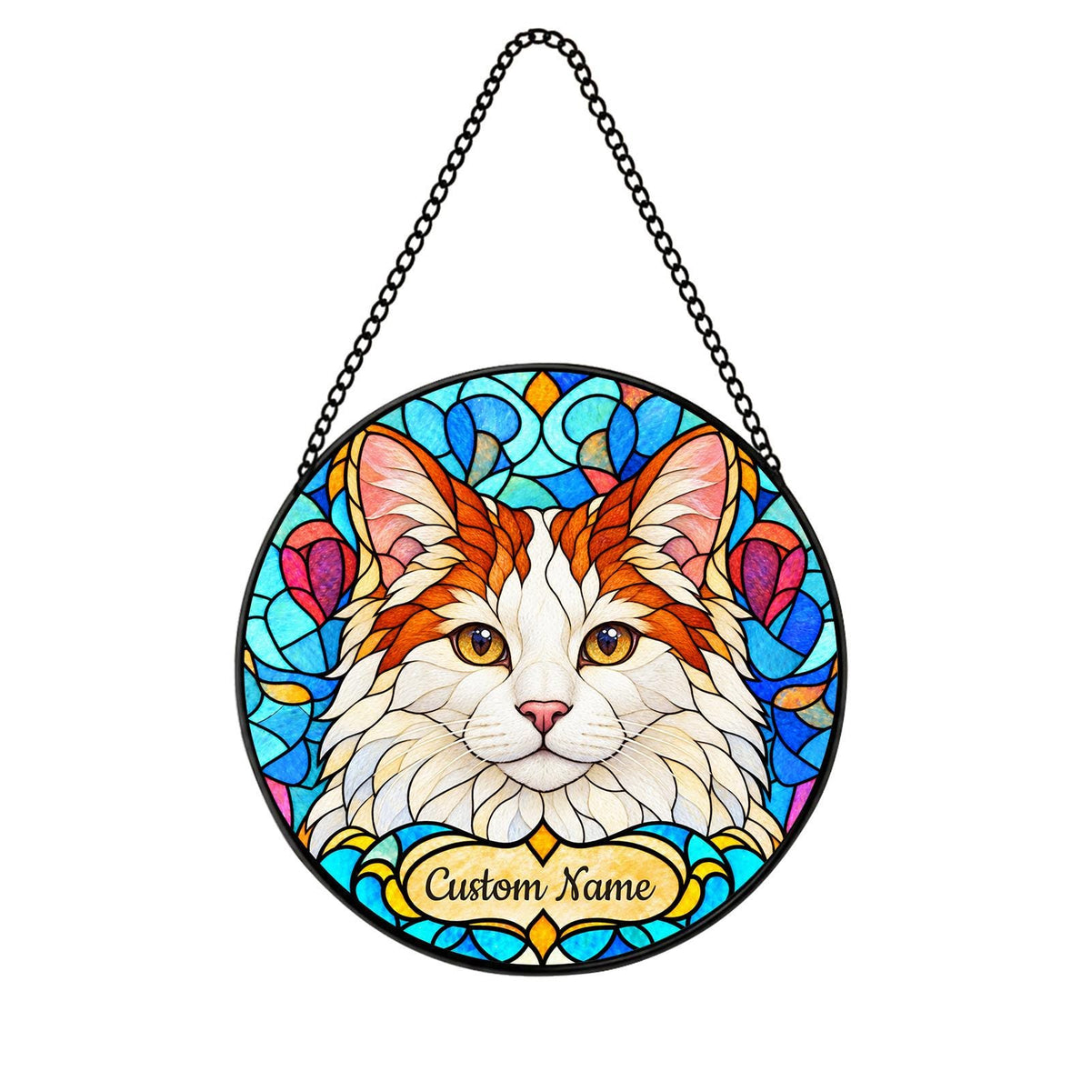 Personalized Turkish Van Cat Suncatcher, Custom Name, Floral Stained Glass Window Hanging