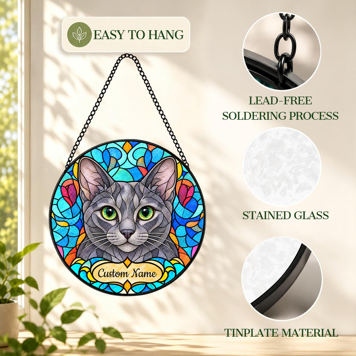 Personalized Korat Cat Suncatcher, Custom Name, Floral Stained Glass Window Hanging