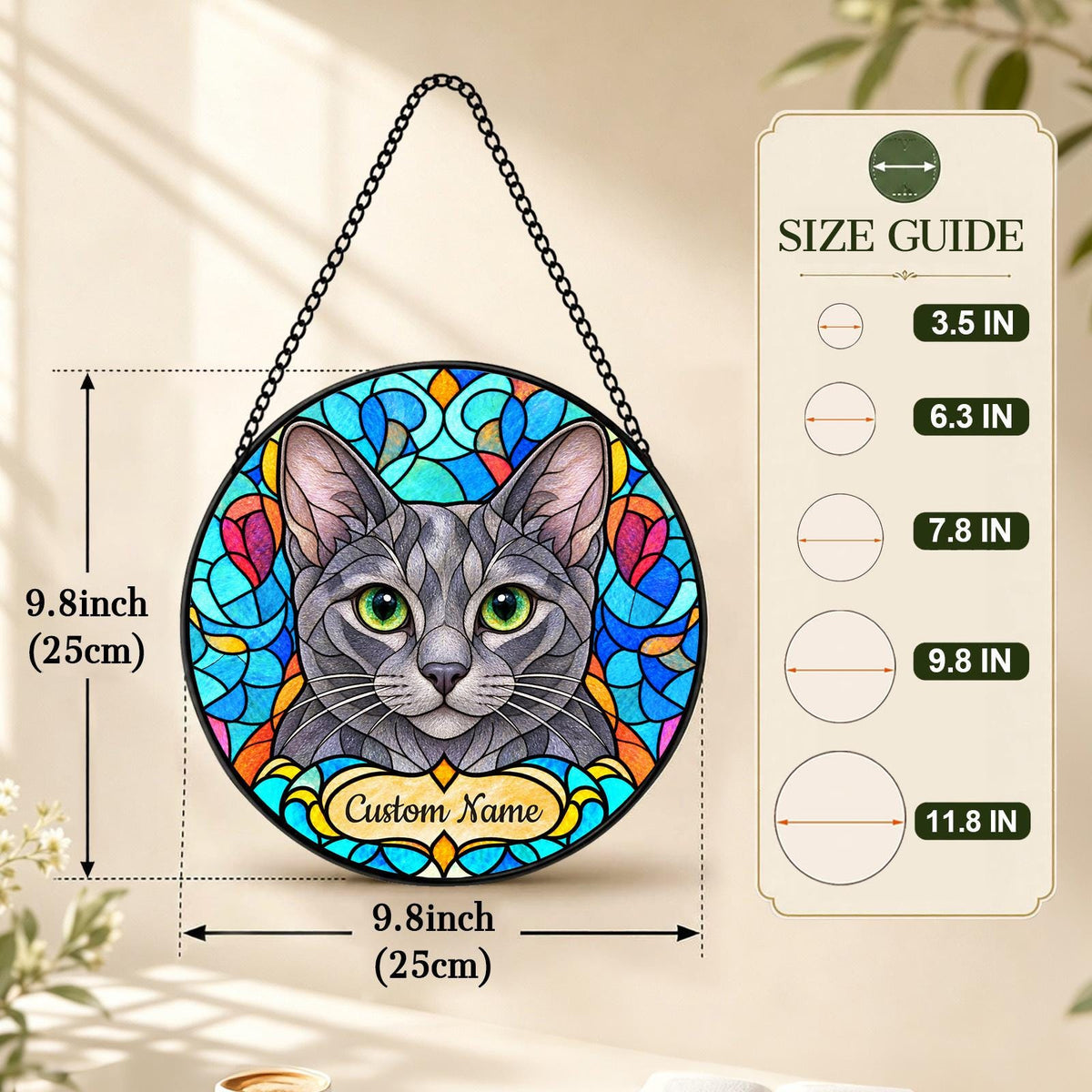 Personalized Korat Cat Suncatcher, Custom Name, Floral Stained Glass Window Hanging