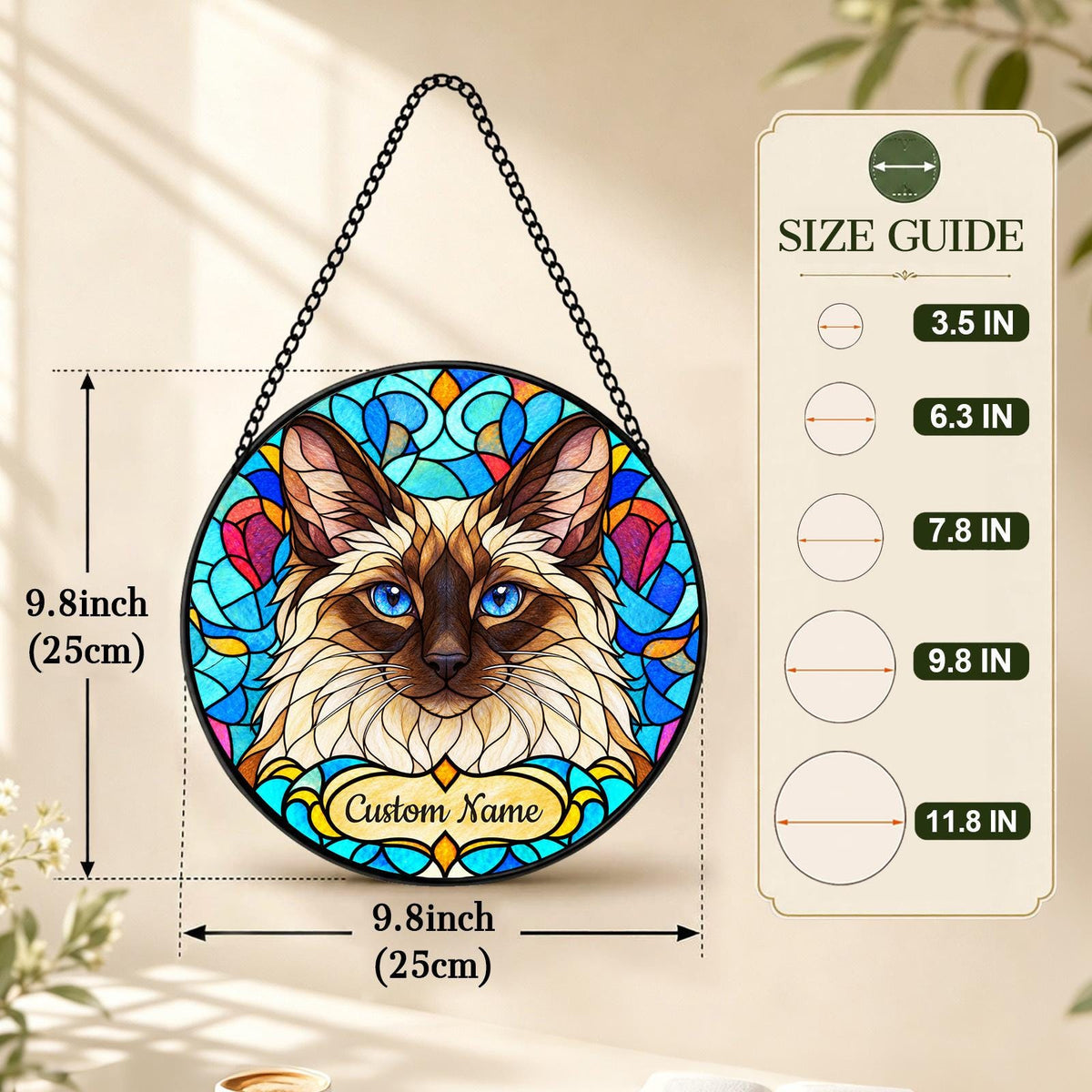 Personalized Balinese Cat Suncatcher, Custom Name, Floral Stained Glass Window Hanging