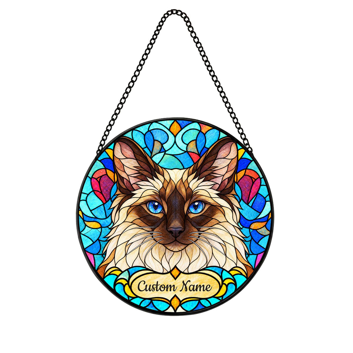 Personalized Balinese Cat Suncatcher, Custom Name, Floral Stained Glass Window Hanging